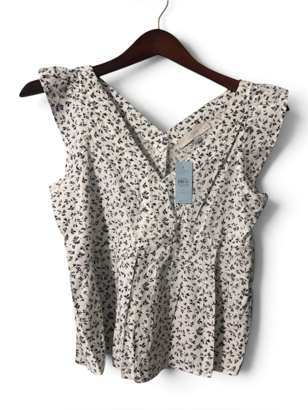 NWT LOFT Floral Peplum Tank Top Small Petite Flutter Sleeve V-Neck White Black